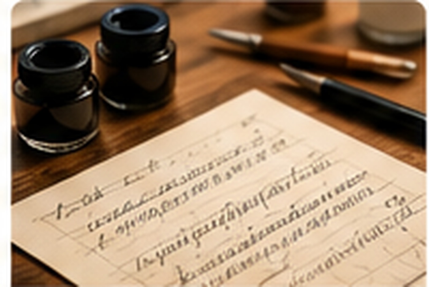 Close-up photograph of calligraphy nibs and ink used for pointed-pen practice